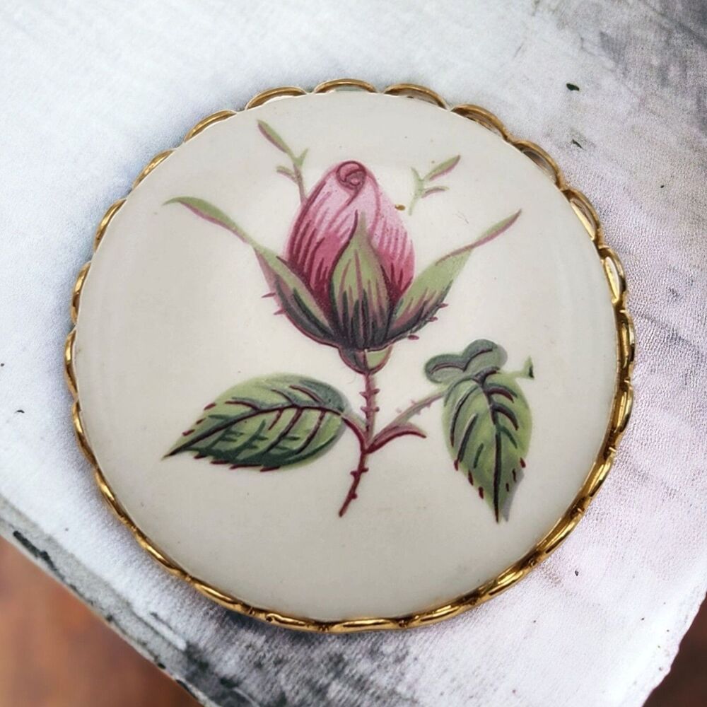 Vintage Cottagecore Brooch Pink Rose Floral Transferware Romantic Grandmacore